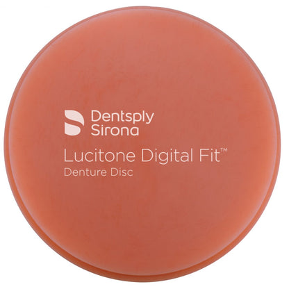 Lucitone Digital Fit™ Denture Disc in hellem rötlichem Pink mit Logo-Aufdruck.