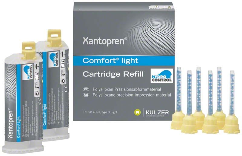 Xantopren Comfort Light Kartuschen und Mischkanülen in Verpackung.