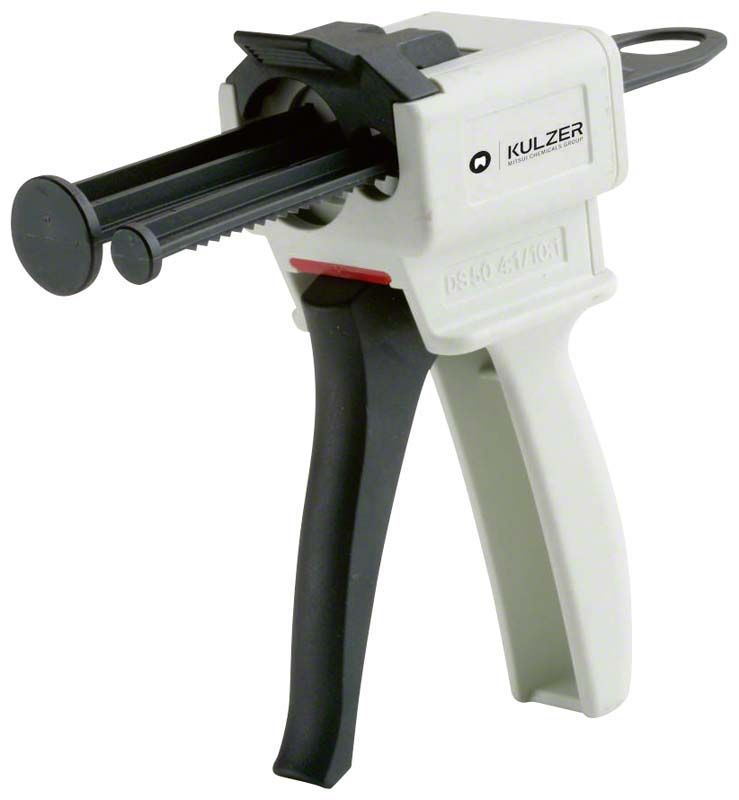 Zahnmedizinische Mischpistole Dispensing Gun 4:1 von Kulzer in Weiß und Schwarz.