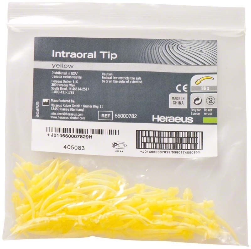Intraoral-Tips gelb in transparenter Verpackung mit Etikett.