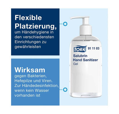 Tork Salubrin Händedesinfektionsgel 500ml mit Pumpspender und blauer Beschreibung.