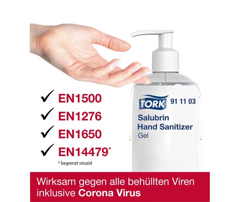 Tork Salubrin Händedesinfektionsgel mit Pumpspender, Hand hält Flasche.