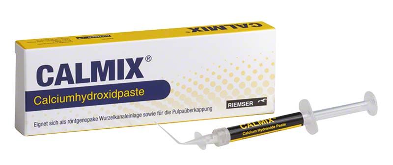 CALMIX® Calciumhydroxidpaste in Spritze und Verpackung für Zahnbehandlung