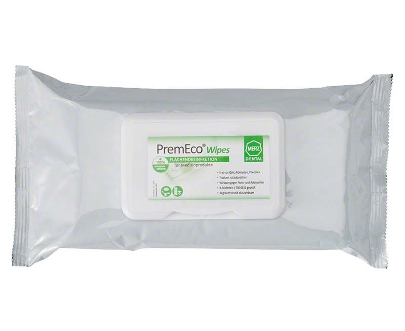 Desinfektionstücher PremEco Wipes in weißer Verpackung mit grünem Etikett.