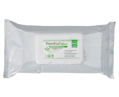 Desinfektionstücher PremEco Wipes in weißer Verpackung mit grünem Etikett.