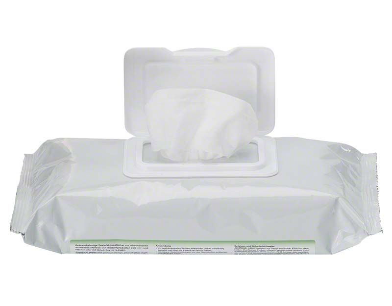 Desinfektionstücher PremEco Wipes in geöffneter weißer Verpackung mit Sicht auf Entnahmeöffnung.