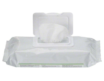 Desinfektionstücher PremEco Wipes in geöffneter weißer Verpackung mit Sicht auf Entnahmeöffnung.