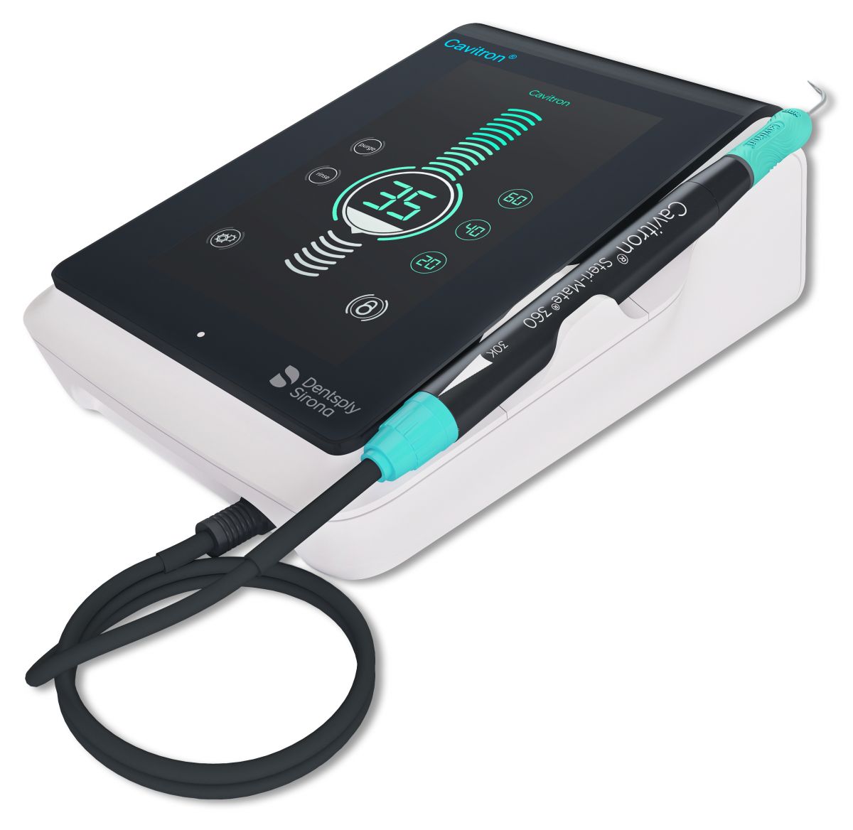 Cavitron® 300 Ultraschall-Scaler mit Handstück und Display in Schwarz und Türkis.