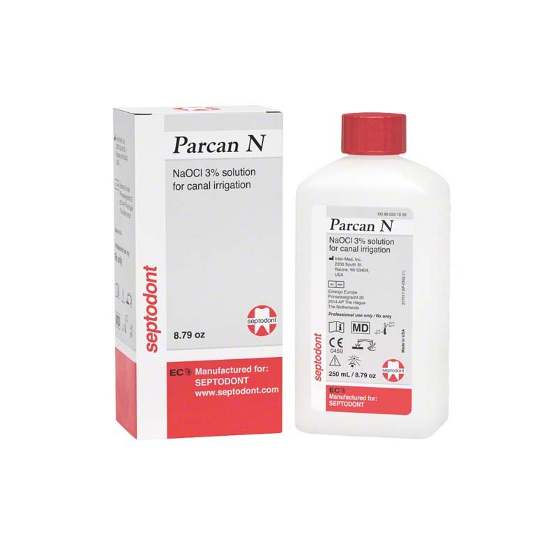 Parcan N 3% Lösung 250 ml Flasche und Verpackung für Wurzelkanalspülung.