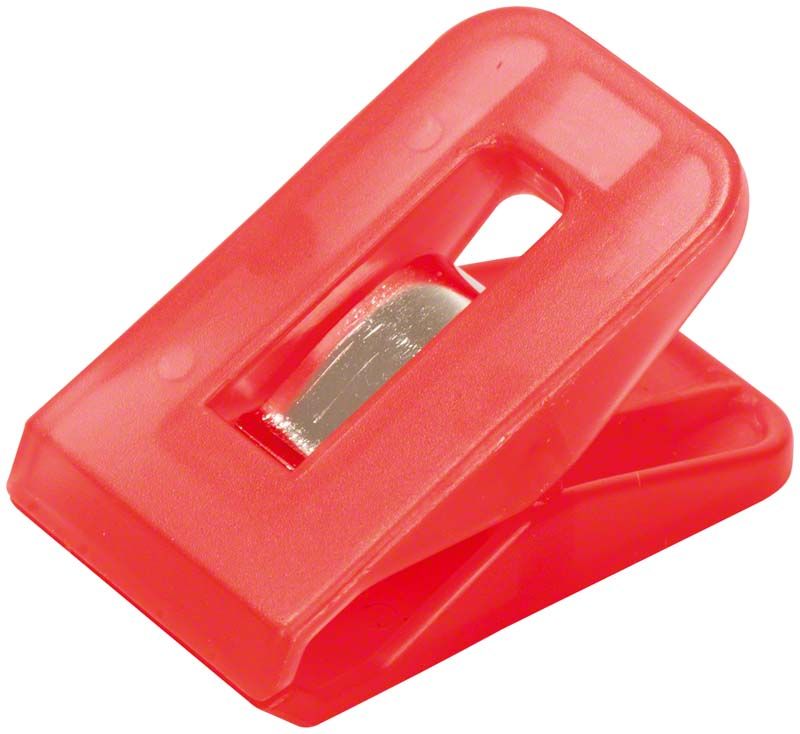 Rote Klammer für Arbeitsschalen aus Kunststoff.