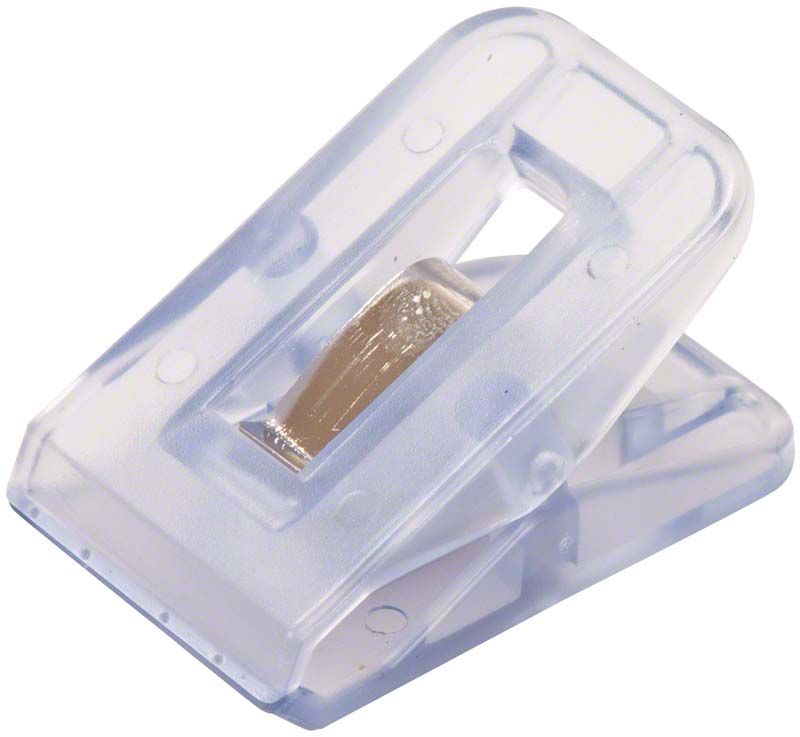 Transluzente eisblaue Klammer für Arbeitsschalen im dentalen Bereich.