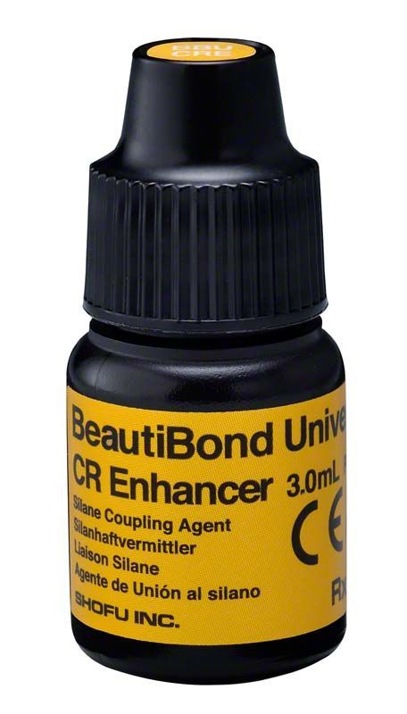 BeautiBond Universal CR Enhancer Flasche mit gelbem Etikett und Verschluss.