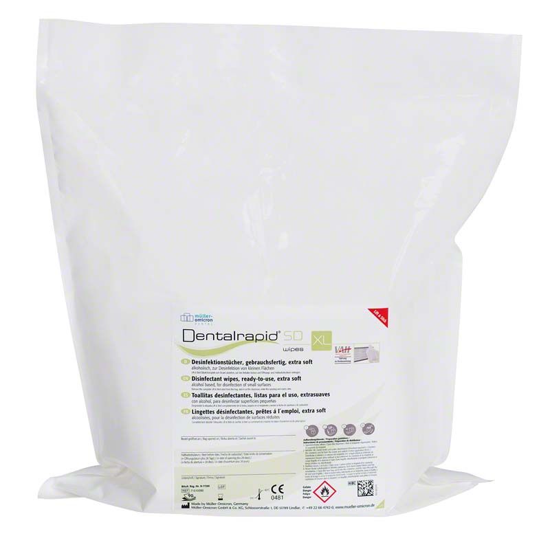 Dentalrapid® SD Tücher XL Neutral in weißer Verpackung mit Etikett.