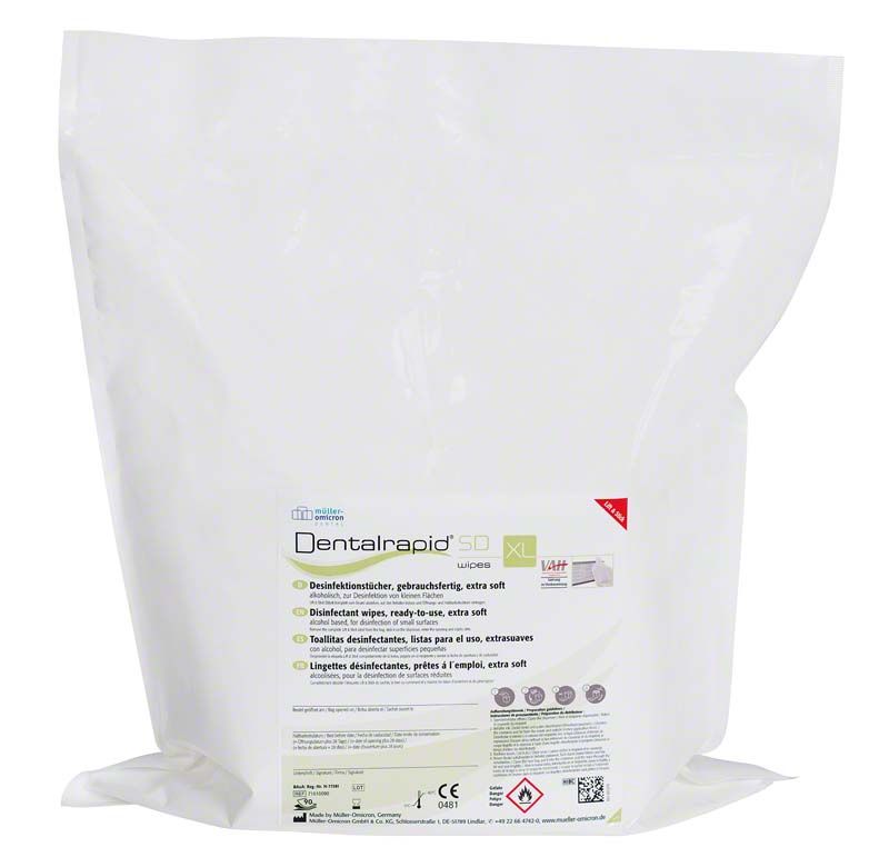 Dentalrapid® SD Wipes XL Fruit in weißer Verpackung mit Etikett.