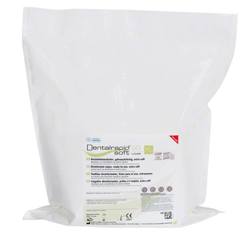 Dentalrapid® soft SD wipes XL Lemon Verpackung mit Produktdetails und Etikett.