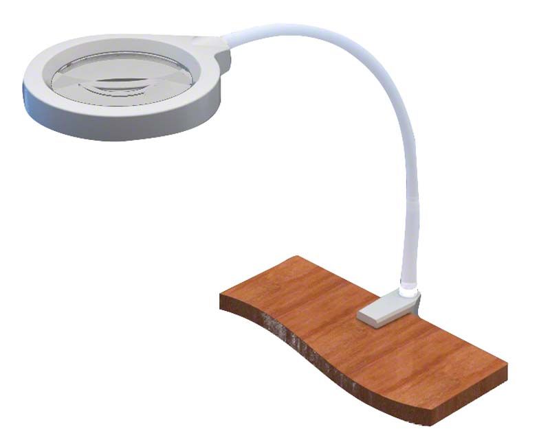 LED RLL Ringlupenleuchte Flex 3 Dioptrien mit flexiblem Arm auf Holzbasis.