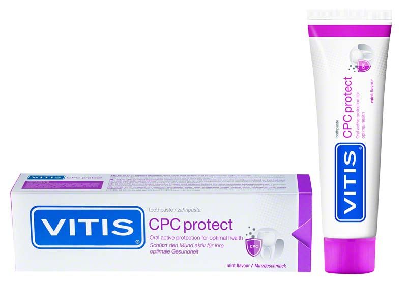 VITIS® CPC protect Zahnpasta mit violetter Verpackung und Tubenansicht.