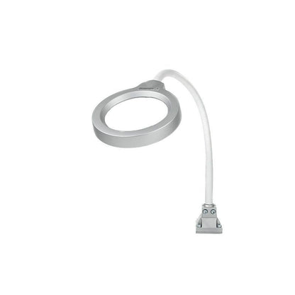 LED-Ringlupenleuchte mit flexiblem Arm und stabiler Tischklemme.