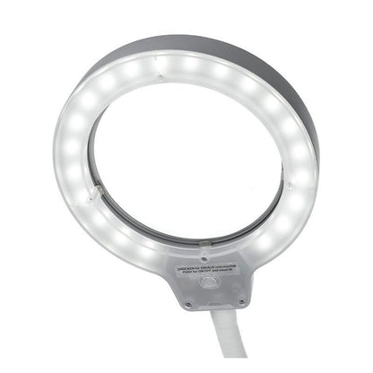 LED-Ringlupenleuchte mit beleuchtetem Ring und flexiblem Armansatz.
