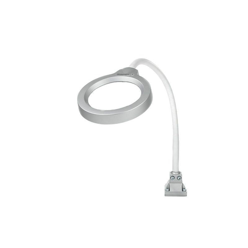 LED-Ringlupenleuchte mit flexiblem Arm und silbernem Beleuchtungsring.