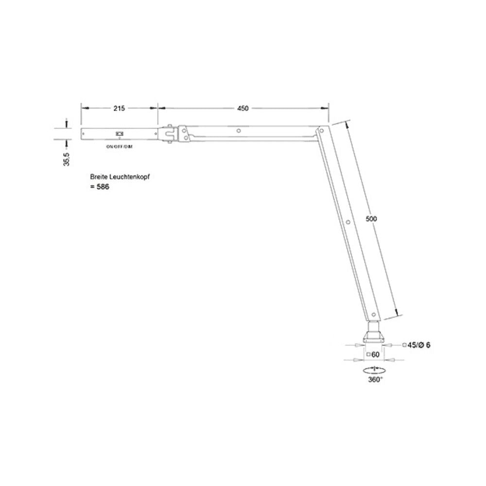 LED Gelenkleuchte Special Line Vario S 48W mit technischen Zeichnungen und Maßen.