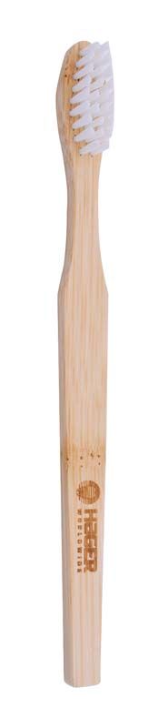 Zahnbürste aus Bambus mit weißen Borsten und gebrandetem Griff.