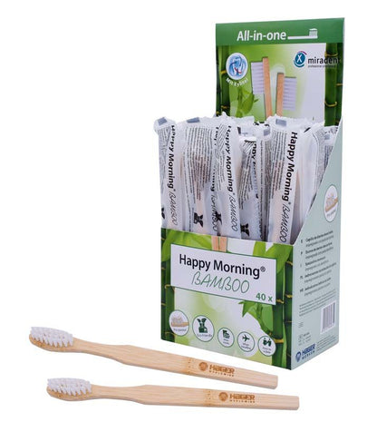 Happy Morning® Bamboo Zahnbürsten in nachhaltiger Verpackung aus klimaneutralem Bambus.