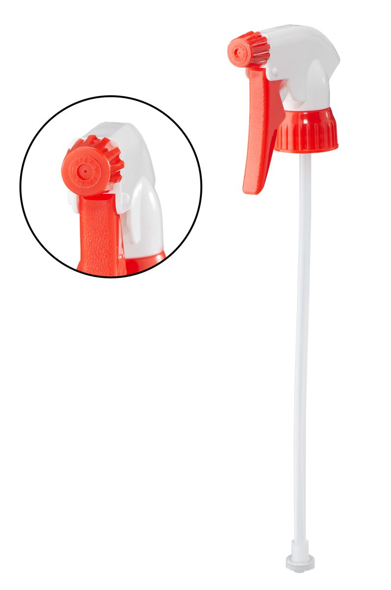 Bechtozid soft Duo-Sprühkopf in Rot und Weiß mit langem Röhrchen.