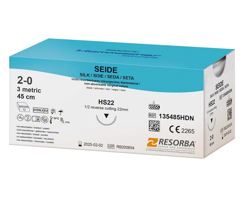 Verpackung von RESORBA® Nahtmaterial Seide, 12 Stück, Größe 2/0, HS22.