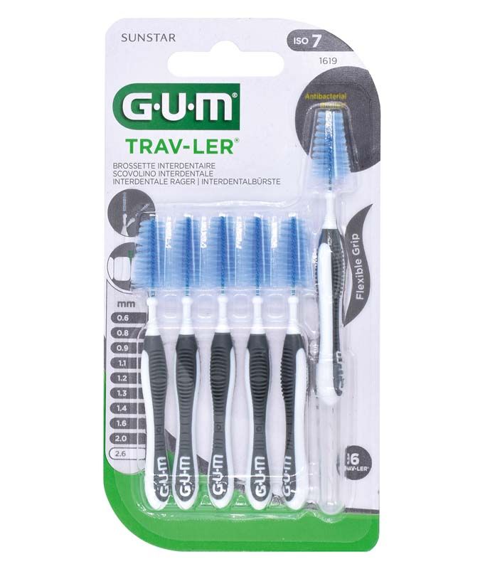 Interdentalbürsten GUM® TRAV-LER® in dunkelgrauer Halterung, verpackt im 36er-Set.