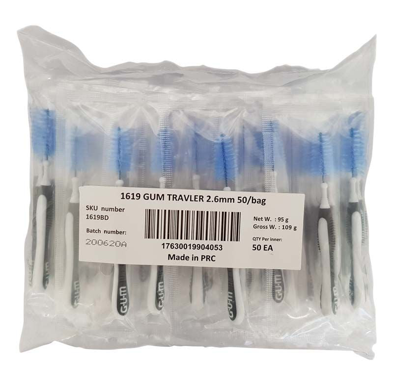 50er Packung GUM TRAV-LER Interdentalbürsten mit dunkelgrauem Griff.