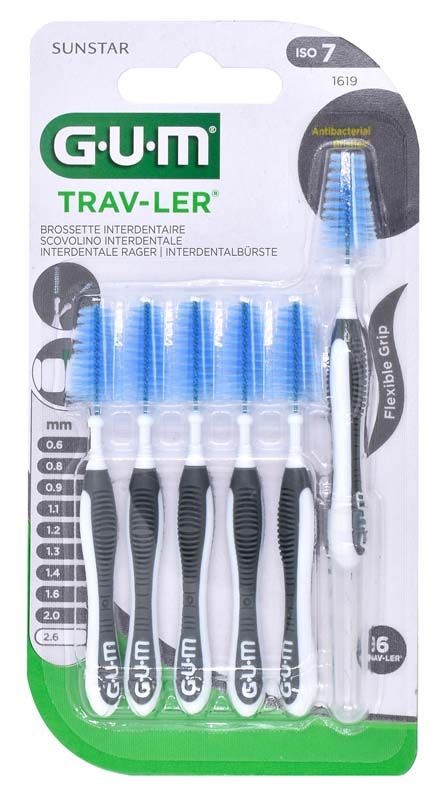 GUM TRAV-LER Interdentalbürsten im 6er Blister mit dunkelgrauem Griff und blauer Bürste.