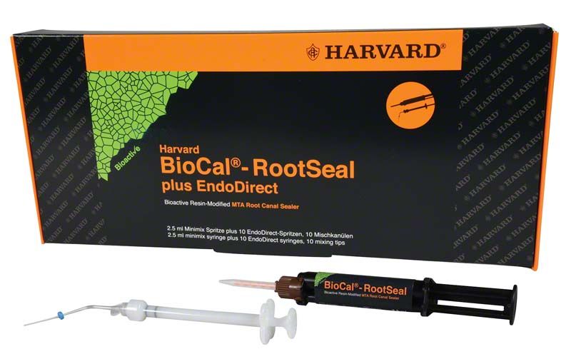 Harvard BioCal® RootSeal plus EndoDirect mit Verpackung und Applikationsspritze.