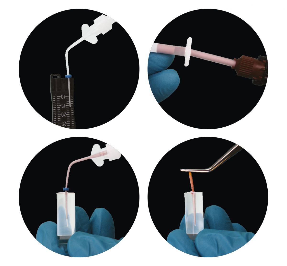 Anwendungsschritte von Harvard BioCal® RootSeal plus EndoDirect mit Applikationsspritze.