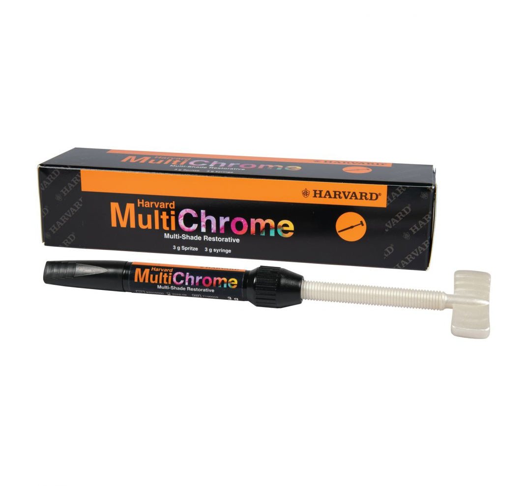 Harvard MultiChrome 3g Spritze mit Verpackung im Hintergrund.