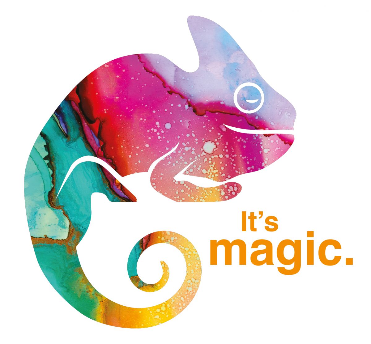 Grafik eines Chamäleons mit buntem Farbverlauf und Text "It's magic".