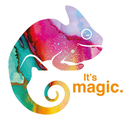 Grafik eines Chamäleons mit buntem Farbverlauf und Text "It's magic".