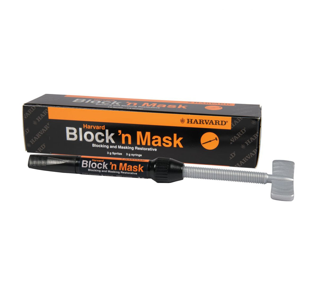 Harvard Block'n Mask 3g Spritze mit Verpackung im Hintergrund.