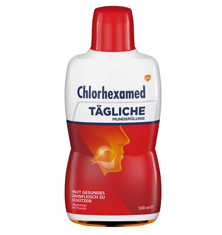Chlorhexamed Tägliche Mundspülung Flasche mit rotem Etikett, 500 ml.