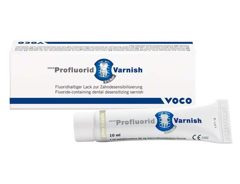 VOCO Profluorid® Varnish Tube 10ml Pina Colada mit Verpackung und Produktdetails.