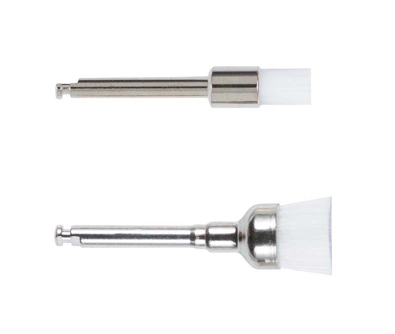 Prophy-Brush flach Kelch normal mit Metallgriff und weißen Borsten.