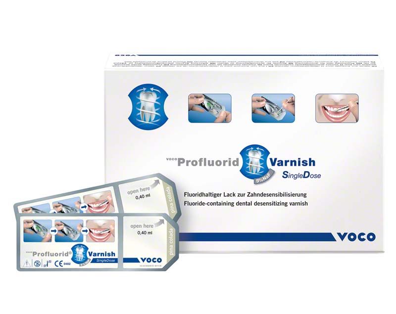 Fluoridhaltiger Lack VOCO Profluorid® Varnish SD Pina Colada, Verpackung und Einzelverpackungen.