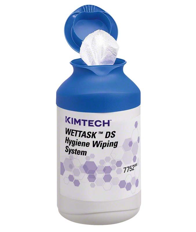 Kimtech® Wettask™ DS Wischtücher in Spender mit blauem Deckel.