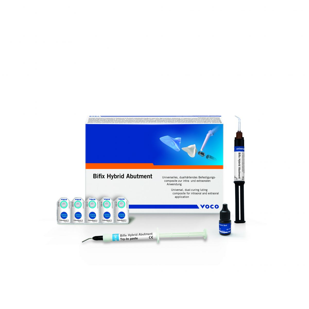 Universelles Bifix Hybrid Abutment Implantat-Set mit Verpackung und Zubehör.