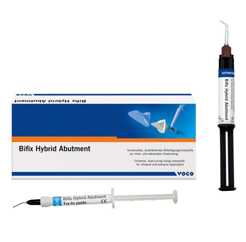 Universelle Bifix Hybrid Abutment QuickMix Spritze 10g mit Produktverpackung.
