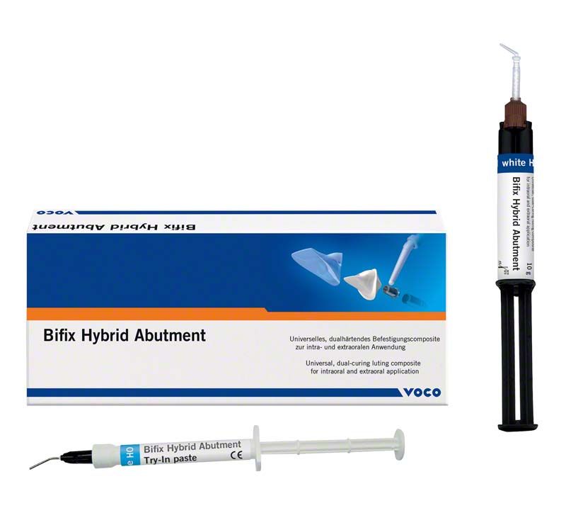 Bifix Hybrid Abutment QuickMix Spritze 10g weiß mit Verpackung.
