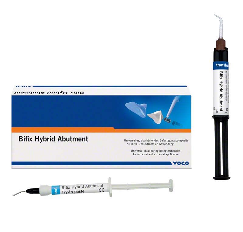 Bifix Hybrid Abutment QuickMix Spritze 10g transluzent mit Verpackung.
