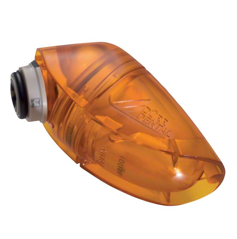 Oranger MyLUNOS® Pulverbehälter für Dentaleinheiten, seitliche Produktansicht.