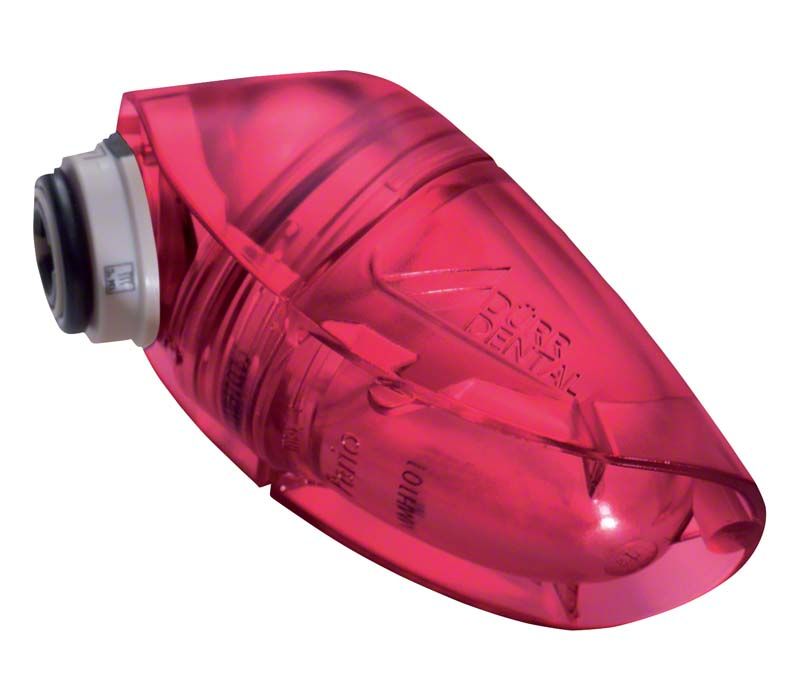 Roter MyLUNOS® Pulverbehälter, transparente Kunststoffkonstruktion, seitliche Produktkennzeichnung.