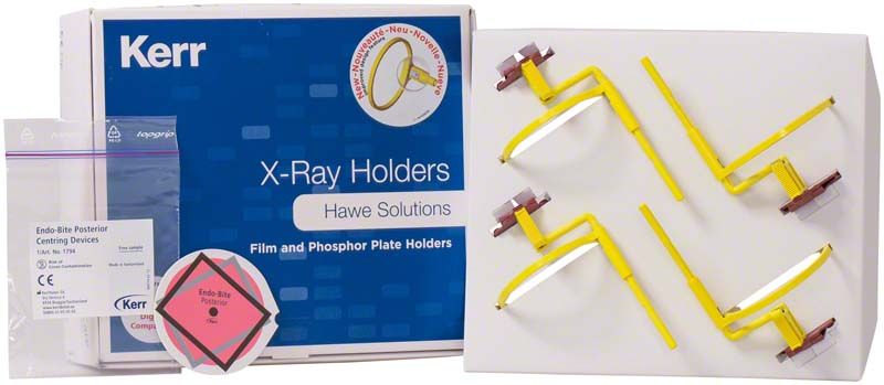 Endo-Bite™ posterior Röntgenfilmhalter mit Verpackung und Zubehör.